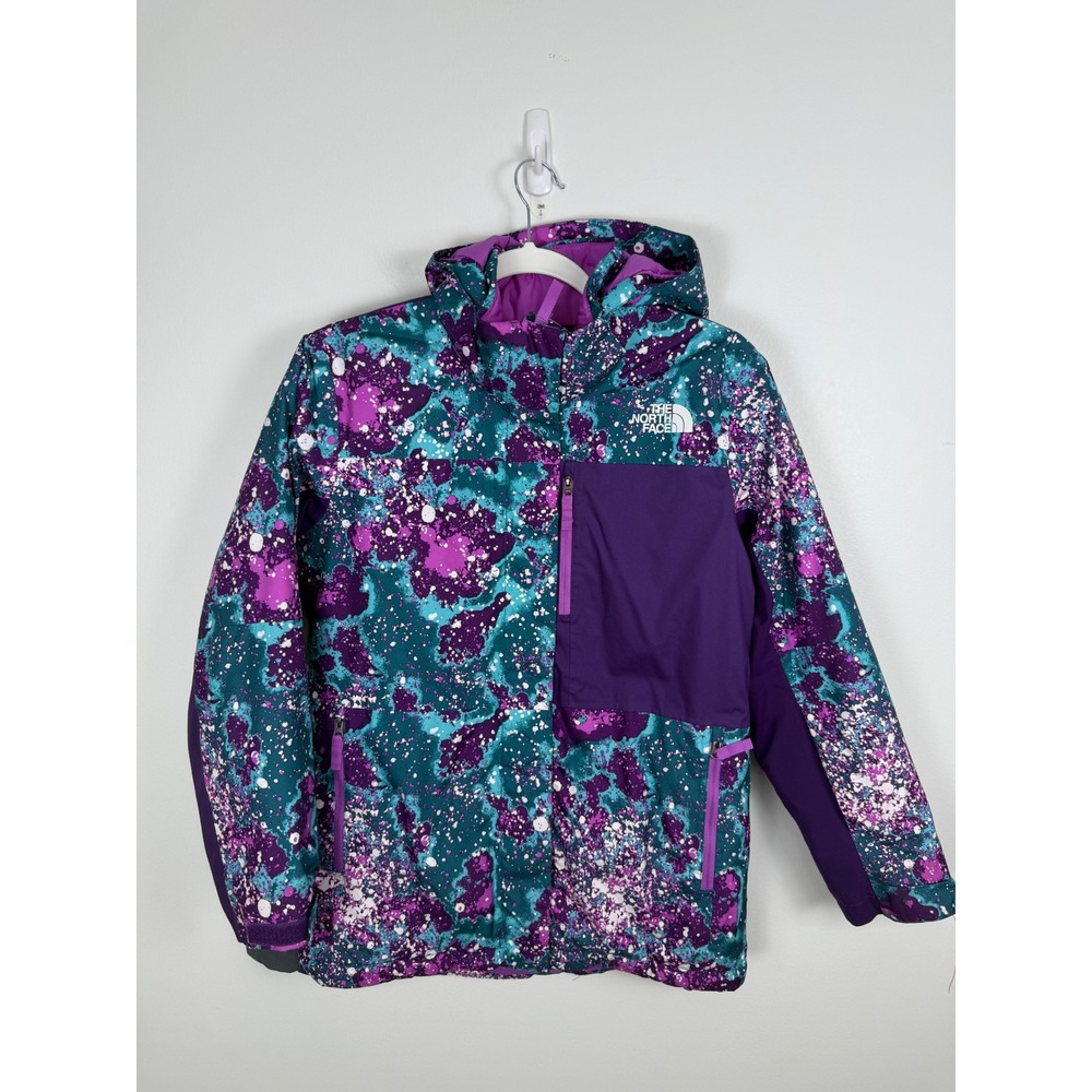 The North Face Girls Freedom Insulated Jacket Purple Teal Splatter Print L 14/16